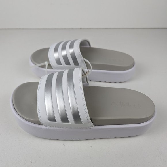 Women's Adidas Adilette Platform Slides Cloud White / Zero Metalic / Grey One - Picture 2 of 8